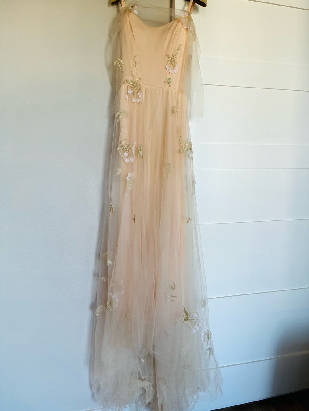 Elegant Peach Nude Embroidered Floral Tulle Gown | Size M